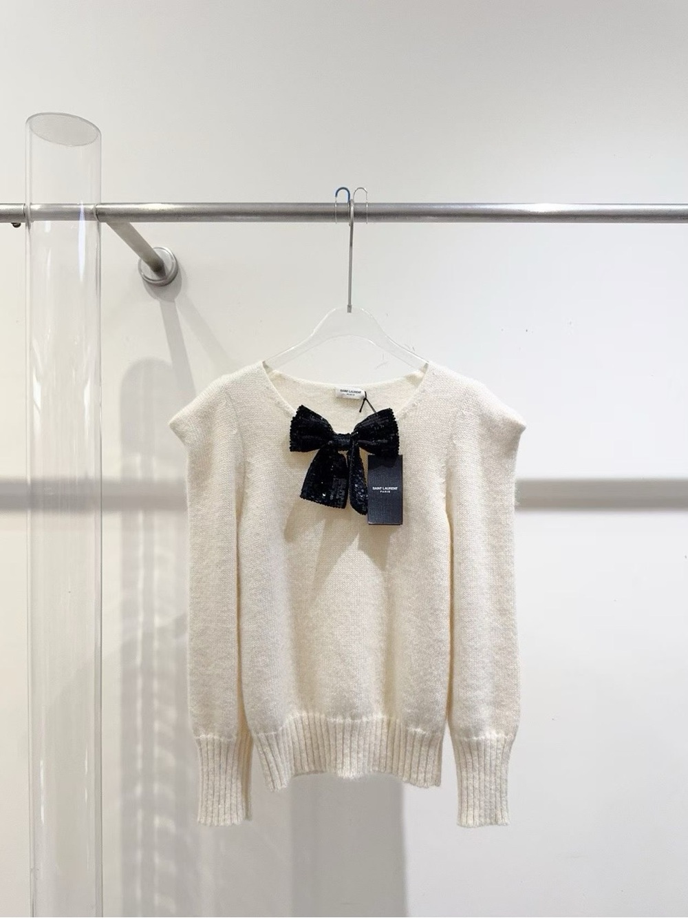 🚩steal Saint Laurent Cream Crewneck Sweater with Black Sequin Bow Accent